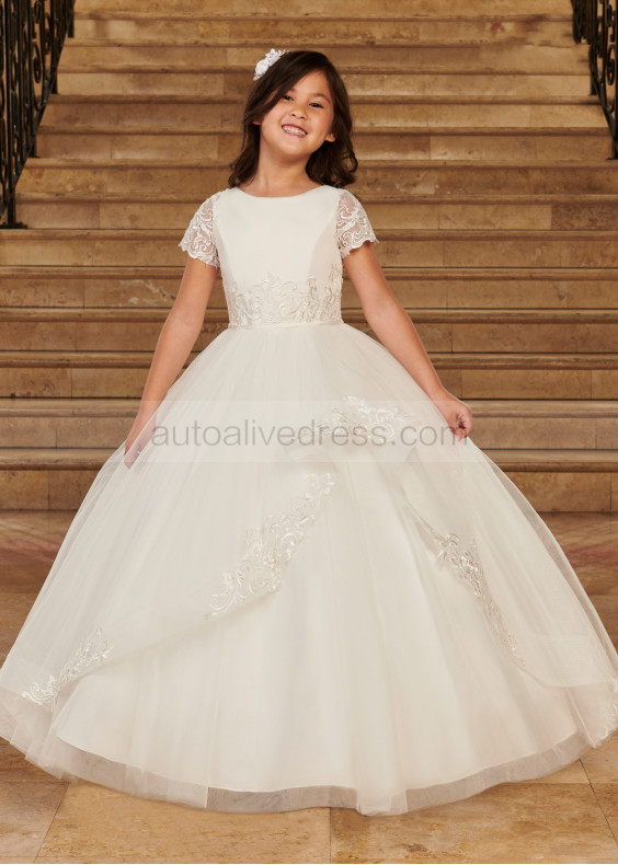 Short Sleeves Ivory Lace Tulle Keyhole Back Flower Girl Dress Short Sleeves Ivory Lace Tulle Keyhole Back Flower Girl Dress